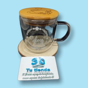 Taza doble pared en cristal tapa Bambú